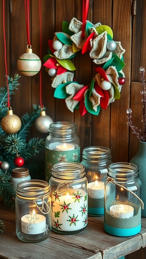 Recycled Christmas decorations including CD ornaments, a cardboard wreath, and painted glass jars on a wooden table.